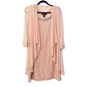 R & M Collection Pale Pink Evening Dress Sheer Wrap Pearl & Diamond Accents Sz16